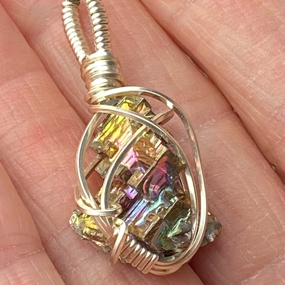 Artist Silver Wire cage wrapped pendant rainbow iridescent geometric bismuth